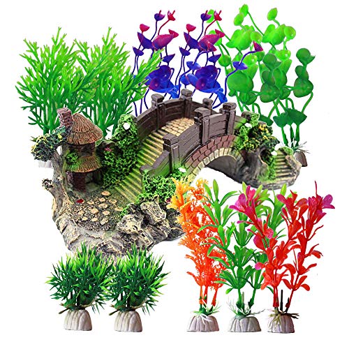 Kingrun Aquarium Wasserpflanzen, 12 Stück Kunststoff Pflanzen Aquariumpflanze mit Harz Höhle dekorative Brücke Landschaft für Fisch Tank Ornament Dekoration