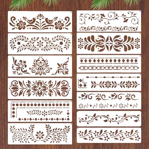 12 Stück Schablonen Textildesign, Blumen für die Malerei, wiederverwendbare Malvorlagen, Wanddesign Ecke Vorlagen zum Selbermachen Holz, Wand, Handwerk, Tischdecke, Stoff, Heimtextilien