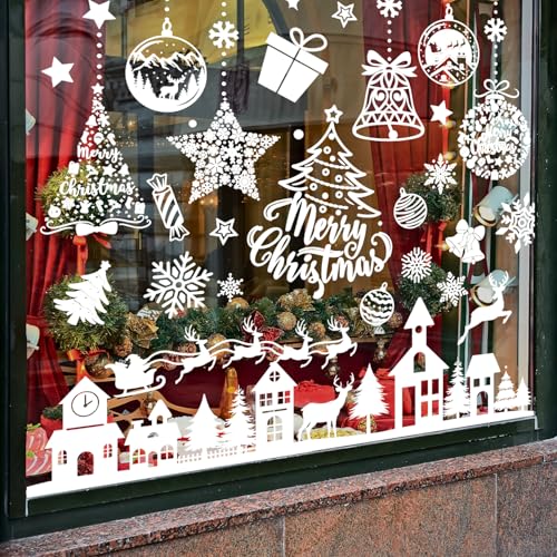 Alintor Fensterbilder Weihnachten, 250 Stk Weihnachtsdeko Innen, PVC Weihnachtsdeko Fenster, Fensterdeko Weihnachten Wiederverwendbar mit Häuser, Schneeflocken, Weihnachten deko