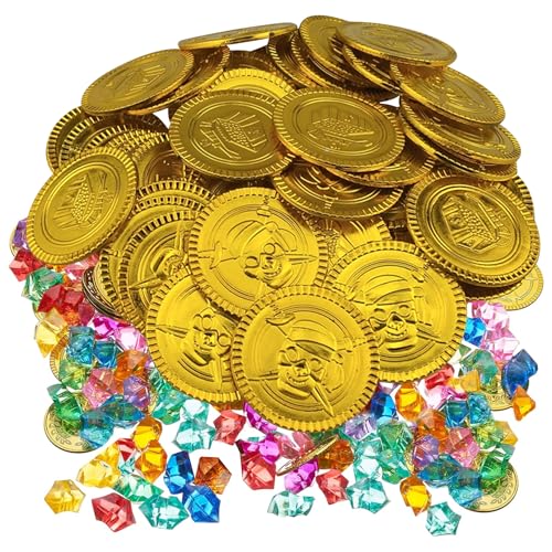 xianshi Schatztruhe Kindergeburtstag,100 Stück Piraten Goldmünzen,50 Stück Pirat Münzen Mit 50 Stücke Piraten Edelsteine,Piratenschatz,Edelsteine Für Goldtaler,Schatzsuche