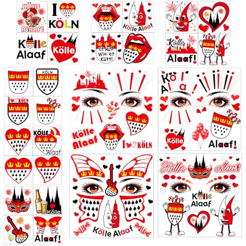 ZELAITE Gesichtstattoo Karneval, Face Tattoo Kölle Alaaf, 10 Blatt Kölner Karneval Kostüm Damen Herren Gesicht Aufkleber, Erwachsene Kinder Fasching Schminke Accessoires (D)