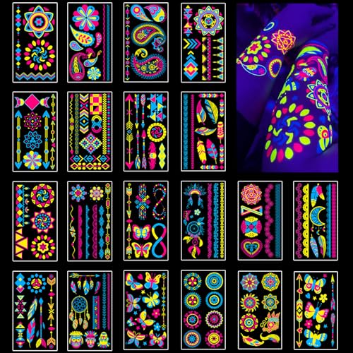 Temporäre Tattoos 20 Blätter Leucht Tattoo unter Neon UV Schwarzlicht, Glow UV Schwarzlicht Neon Party Deko Tattoos für Erwachsene Teenager Kinder, Hautfreundlich Klebetattoos, Geschenke für Mädchen