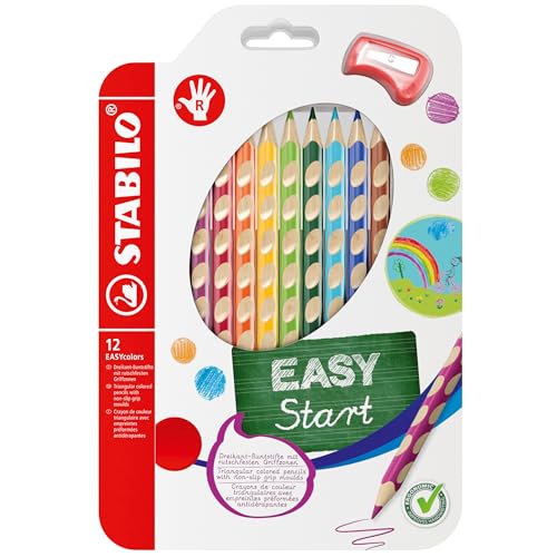 STABILO - Ergonomischer Buntstift für Rechtshänder - EASYcolors - 12er Pack mit Spitzer - 12