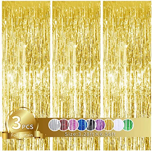 3 Stück Gold Metallic Lametta Vorhänge,Tinsel Folie Vorhang Folienfransen Vorhang für Hochzeit Verlobung Brautdusche Geburtstag Bachelorette Party Bühnendekor …