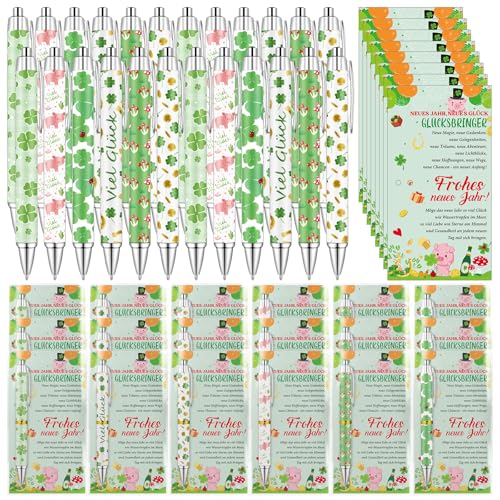 Haishell 24 Sets Neujahr Glücksbringer 2026 Silvester Glücksbringer Glücksschweinchen-Stift mit Karten Kleeblatt Hufeisen Neujahrsgeschenke für Freunde Familie Kollegen Lehrer Schüler