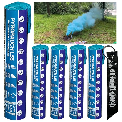 Rauchfackel Pyrorauch L55 im 5er Pack in Rot Blau Gelb Grün Orange Weiß Türkis Schwarz Rosa Lila Pink Braun von Pyroweb mit Anhänger (Pastelblau)