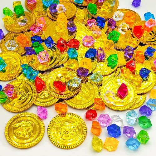 LISOPO 150 Stück Piratenschatz Goldmünzen für Piratenschatz, Mitgebsel,Mitbringsel,Piraten Deko Kindergeburtstag,Schatzsuche Kindergeburtstag (50 Goldmünzen +100 Edelsteine)