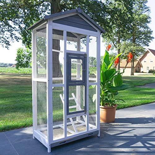 zooprinz Moderne Vogelvoliere, Vogelkäfig mit Kotschublade – aus hochwertigem Vollholz und verzinktem Draht – Witte-rungsbeständig in grau-weiß lasiert – 3 Modelle zur Wahl - Premium Vogelkäfig L