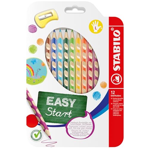 STABILO - Ergonomischer Buntstift für Linkshänder - EASYcolors - 12er Pack mit Spitzer - 12