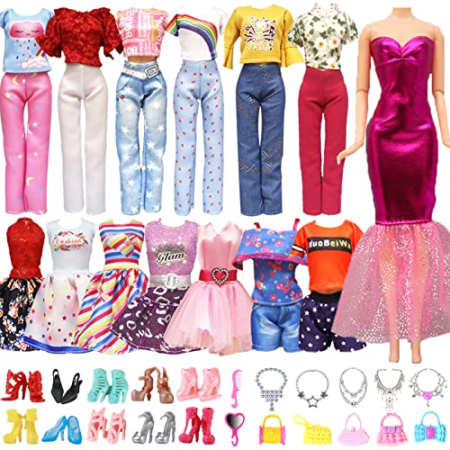 28 Stück Kleidung und Zubehör Kompatibel mit Barbie Puppen, 3 Fashion Kleider 3 Freizeitbekleidung Kleidung( Tops und Hosen ) 10 Paar Schuhe 12 Zubehör für 11,5 Zoll Mädchen Puppen