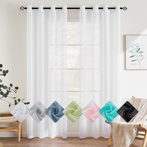 EMEMA 2er Set Sheer Voile Vorhang mit Ösen Transparente Gardine aus Voile Polyester Ösenschal Transparent Wohnzimmer Luftig Dekoschal für Schlafzimmer 140 X 245 cm (B x H) Weiß