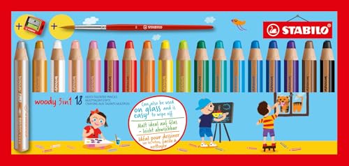 STABILO - Buntstift, Wasserfarbe & Wachsmalkreide - woody 3 in 1-18er Pack mit Spitzer und Pinsel