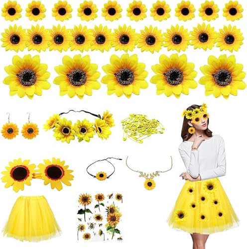 HuaMuDM Damen Sonnenblumen Kostüm,Sonnenblumen Kostüm Accessoires Set,für Karneval Halloween Fasching Mottoparty Maskerade