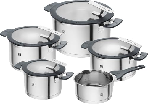 ZWILLING Simplify Kochtopfset, 5-tlg Set, Mit integriertem Sieb im Deckel, Glasdeckel, Silikongriffen, Induktionsgeeignet, unbeschichtet, Edelstahl, Silber-Schwarz