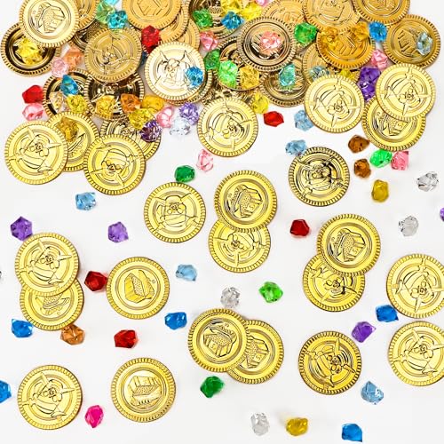 Williyatt 200 Stück Piraten Goldmünzen, 100 Stück Goldtaler Pirat Münzen und 100 Stück Edelsteine, Piraten Deko Kindergeburtstag, Schatztruhe Kindergeburtstag, Edelsteine Ausgraben für Kinder