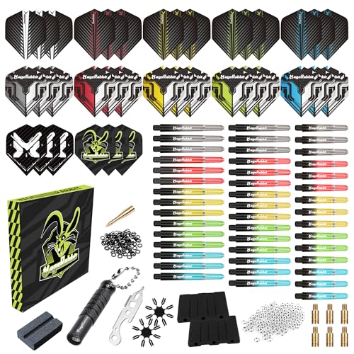 MageRabbit Dart Flights mit Schaft Kit, 200-teiliges Set-Dart-Zubehörpaket,36 Dart Flights, 45 Dart Schäfte, Schärfer, Entferner, 50 Metallringe, 16 Flugschützer, Dart-Zubehörset für Profi