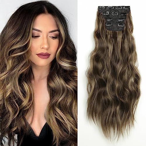 ShowJarlly Clip in Extensions, 4PCS 60 cm Voller Kopf Haarverlängerungen mit Clips Synthetik Gewellte Haarextension Wavy Haar Extensions Clip in Haarteil für Frauen