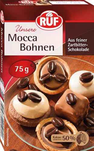 RUF Mocca-Bohnen aus feiner Zartbitter-Schokolade, zum Verzieren von Sahne-Torten, Kaffee-Desserts & Eis-Kaffee, mit mind. 50% Kakaoanteil, 1 x 75g
