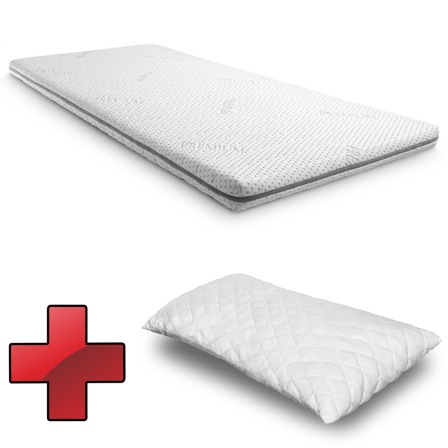 Kaltschaumtopper Supportho Premium Topper 100 x 200 cm H3, Höhe 9 cm, Härtegrad H3 mit antibakteriellem Bezug + CloudComfort Basic Gel-Flocken Kopfkissen 40 x 80 cm