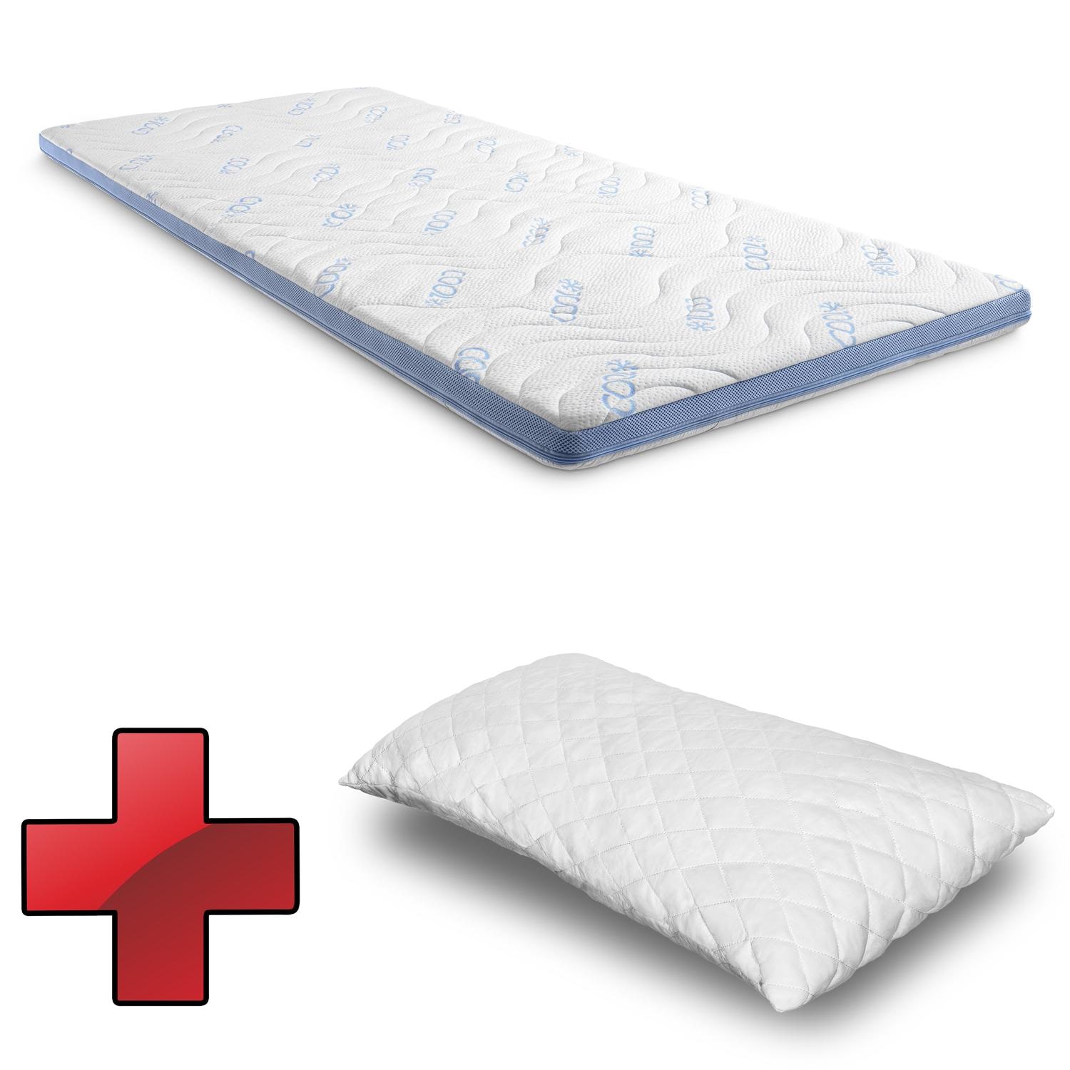 Kaltschaumtopper CloudComfort Cool 90 x 200 cm H2/H3, Höhe 7 cm, Härtegrad H2/H3, 7-Zonen Topper mit Sommer- und Winterseite + CloudComfort Basic Gel-Flocken Kissen 40 x 80 cm