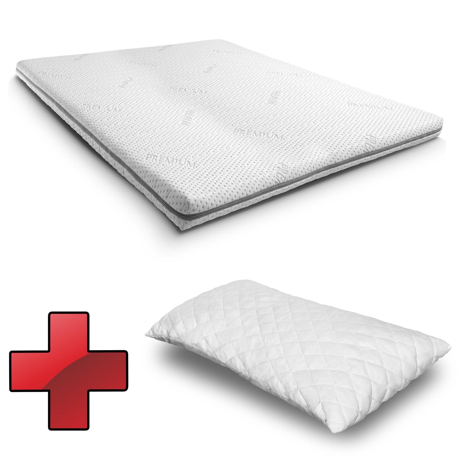 Kaltschaumtopper Supportho Premium Topper 120 x 200 cm H3, Höhe 9 cm, Härtegrad H3 mit antibakteriellem Bezug CloudComfort Basic Gel-Flocken Kissen 40 x 80 cm