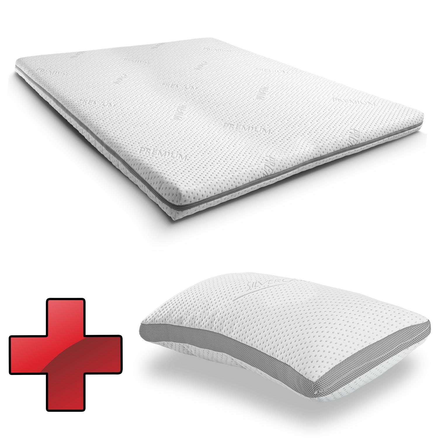 Kaltschaumtopper Supportho Premium Topper 140 x 200 cm H3, Höhe 9 cm, Härtegrad H3 mit antibakteriellem Bezug + Supportho Gel-Effekt Kissen 40 x 80 cm