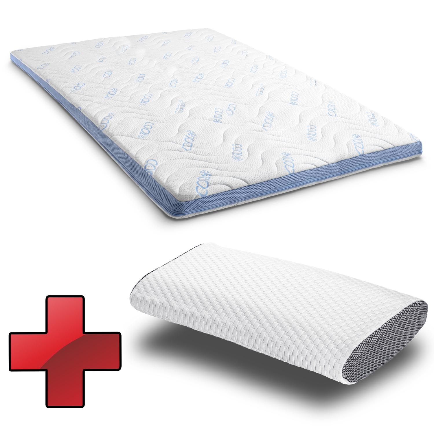 Kaltschaumtopper CloudComfort Cool 160 x 200 cm H2/H3, Höhe 7 cm, Härtegrad H2/H3, 7-Zonen Topper mit Sommer- und Winterseite + Sleezzz® Cool Kühl-Effekt Kissen