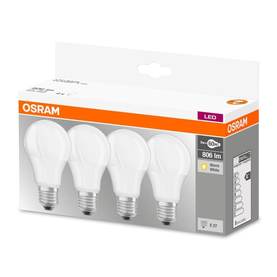 OSRAM Base LED E27 Lampe / Glühbirne 4er-Pack - warmweiß - 9 Watt - E27 Fassung
