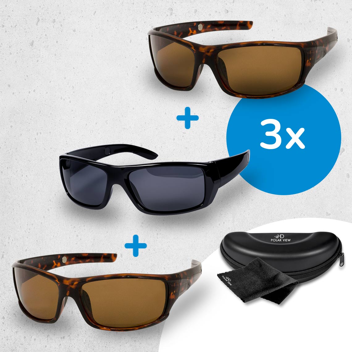 HD Polar View polarisierte Sonnenbrille 3 Stk. inkl. Zubehör GRATIS  / 2x Hornoptik + 1x schwarz