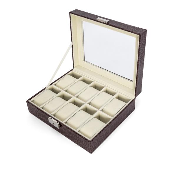 Uhrenbox für 10 Uhren, PU Kroko-Optik braun