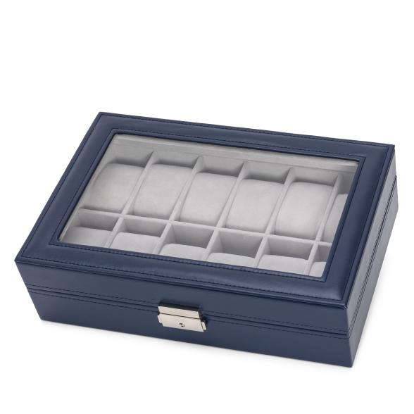 Uhrenbox für 12 Uhren, Kunstleder blau, Samt grau