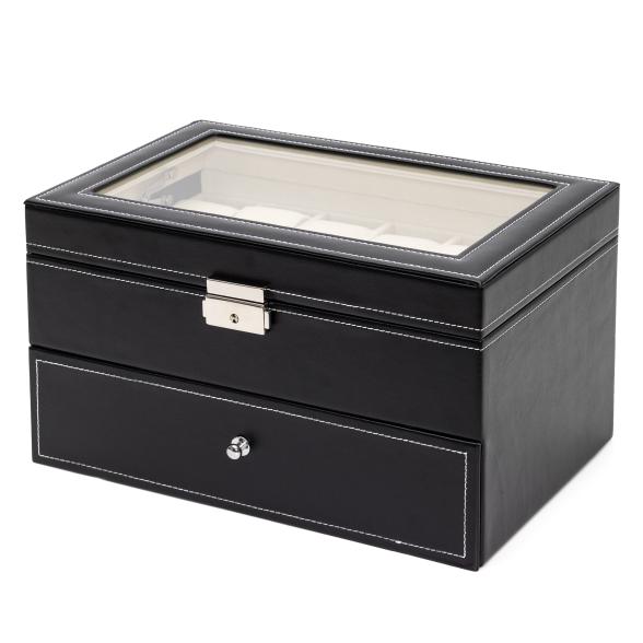 Uhrenbox für 22 Uhren PU Leder schwarz, Samt creme