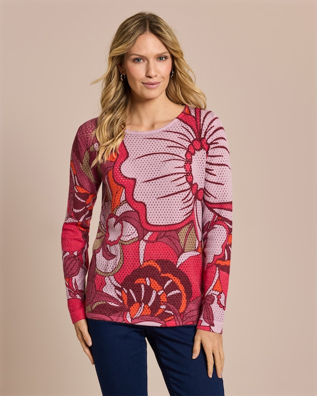 Pullover in Ajour-Strick, bedruckt