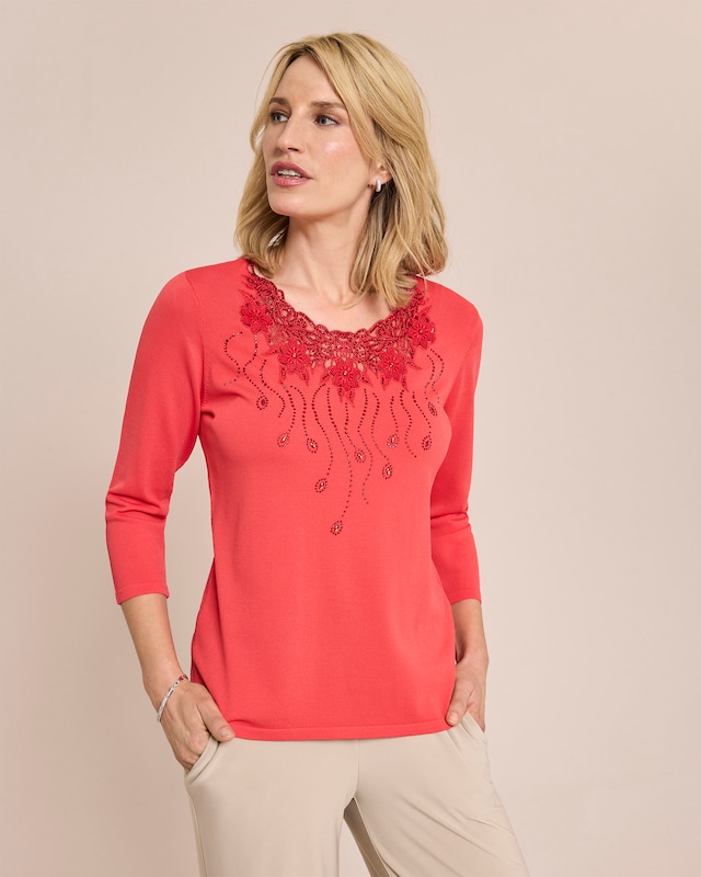 Glow Pullover Blumenstickerei Ausschnitt