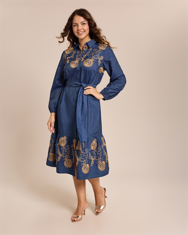 Denim Kleid mit Blumenstickerei