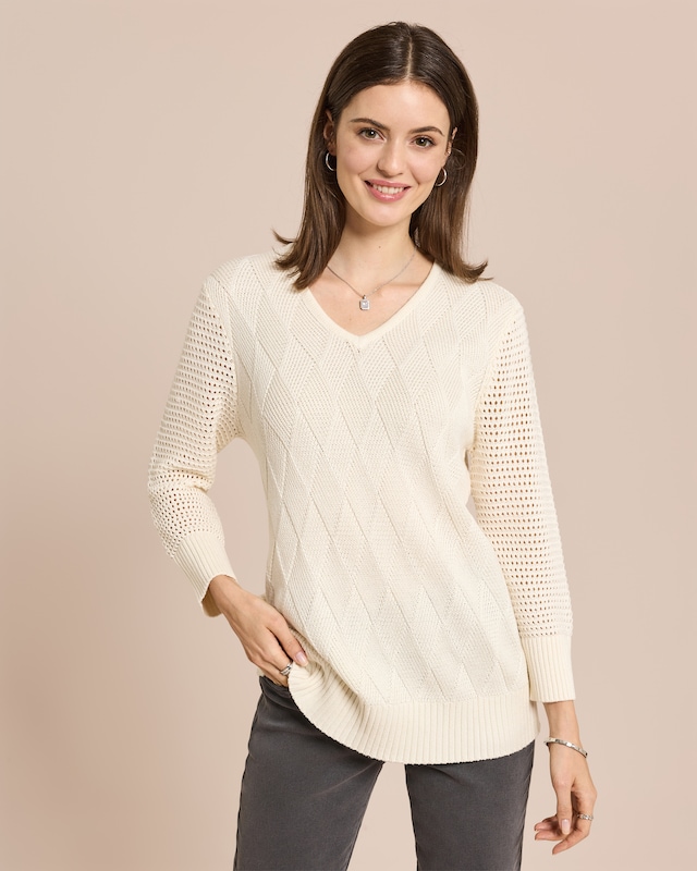 Pullover mit Ajour-Ärmel und Karo-Struktur