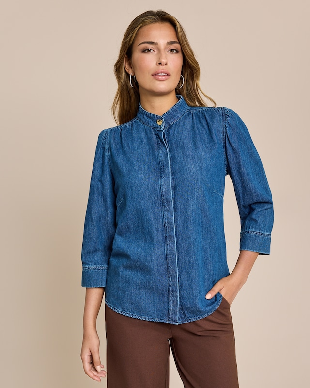 Jeans Bluse mit gerafftem Ärmel