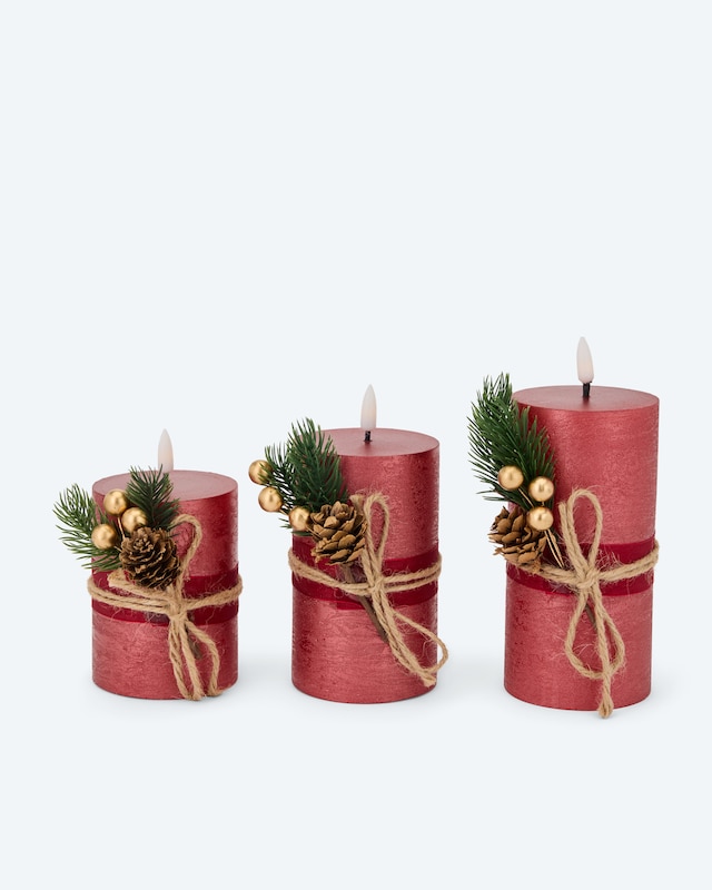 LED-Stumpenkerzen mit Tannendeko, 3tlg.