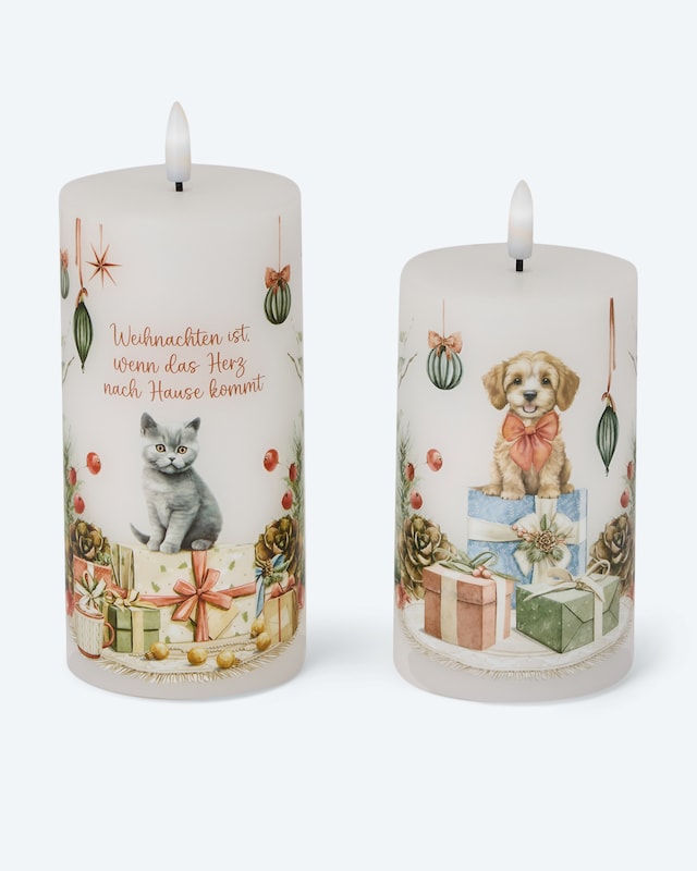 2 LED-Stumpenkerzen mit Geschenkbox & Grußkarte