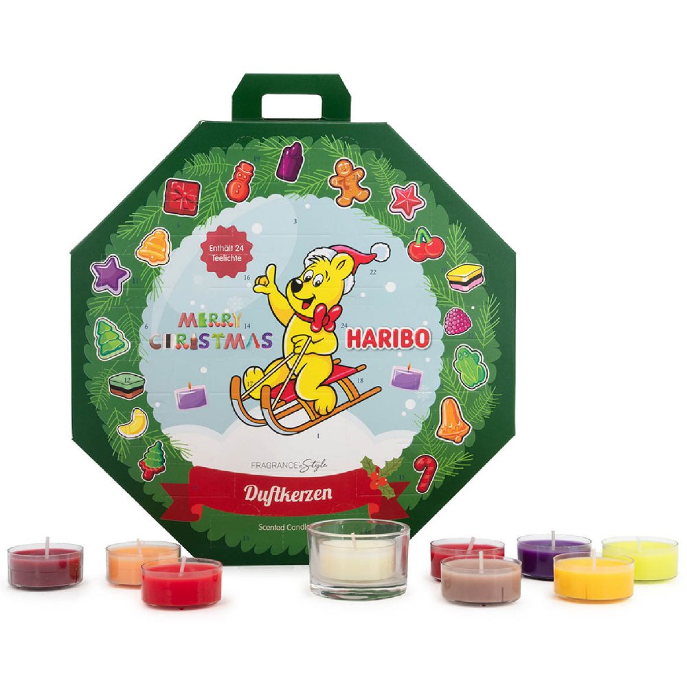 Haribo Adventskalender 24 Teelichter Duftkerzen & ein elegantes Glas