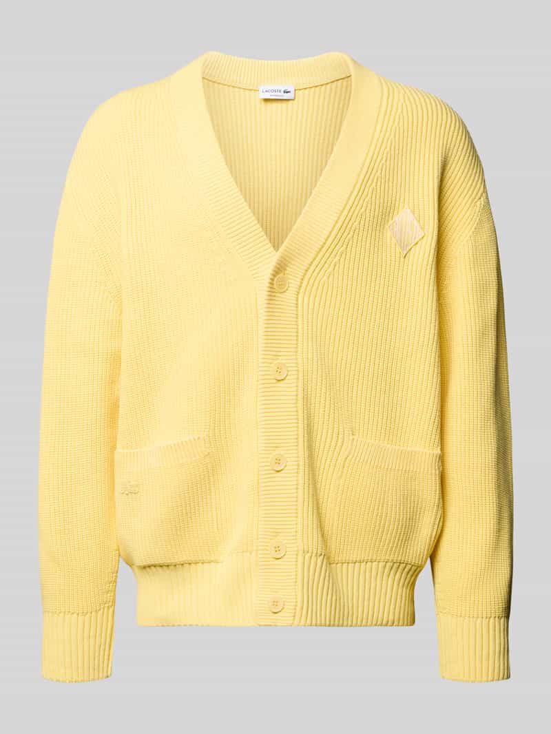 Lacoste Relaxed Fit Strickjacke aus Baumwoll-Mix Modell 'COTES PERLEES' in Hellgelb, Größe L
