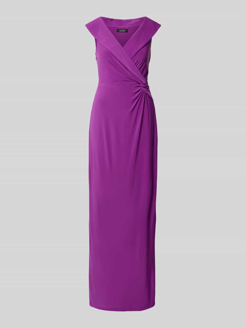 Lauren Ralph Lauren Abendkleid mit V-Ausschnitt Modell 'LEONIDAS' in Aubergine, Größe 34