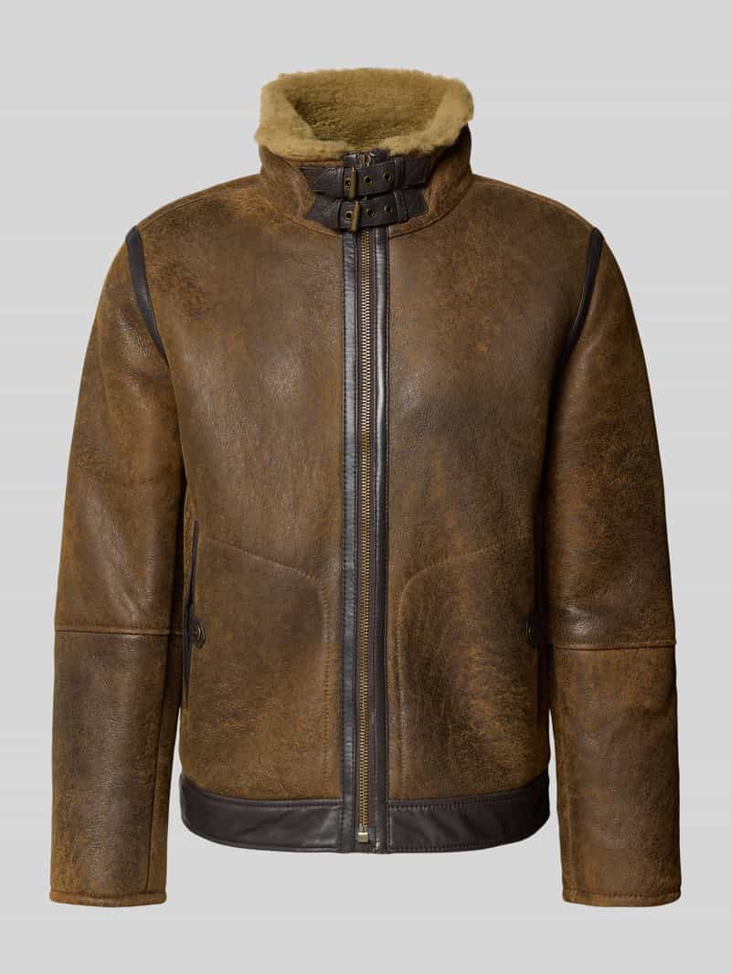 Strellson Regular Fit Lederjacke aus echtem Lammfell Modell 'SHELTER' in Cognac, Größe 46