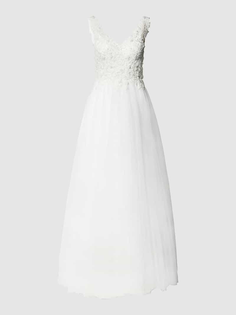 Brautkleid mit Ziersteinen und floraler Spitze