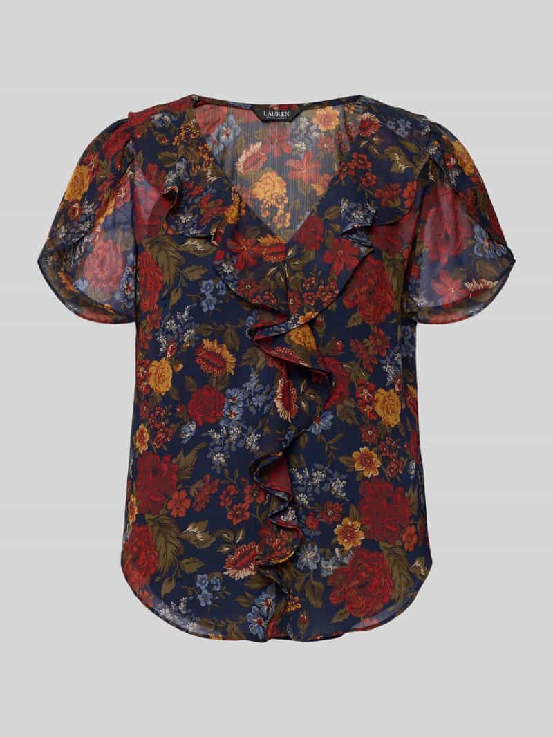 Lauren Ralph Lauren Regular Fit Bluse mit Volants Modell 'BADAYN' in Marine Melange, Größe L