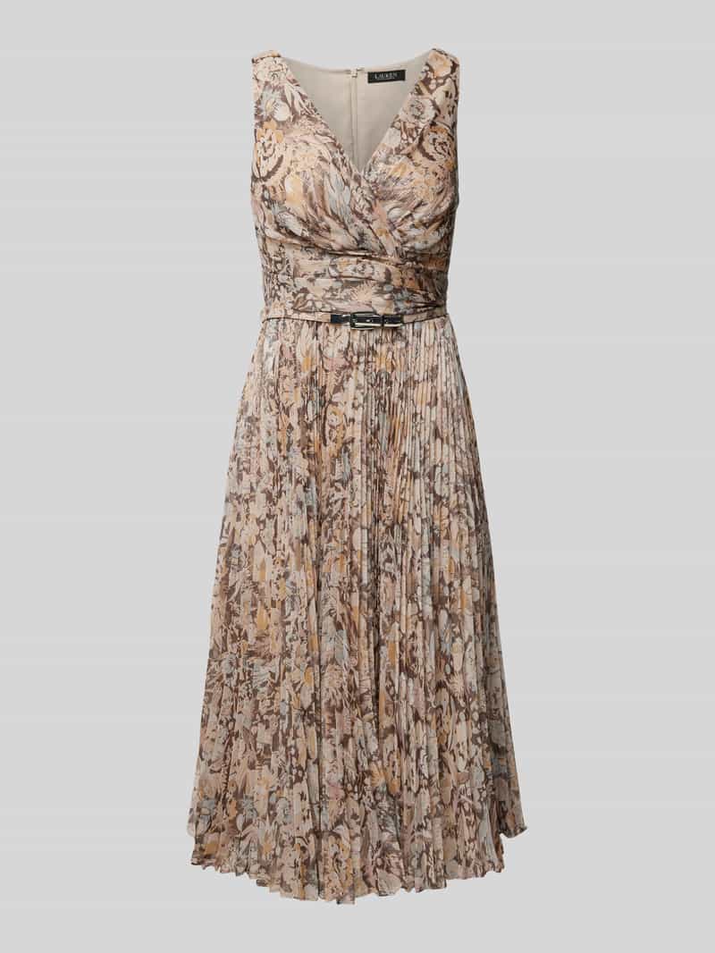 Lauren Ralph Lauren Knielanges Cocktailkleid mit Taillengürtel Modell 'MAIGEN' in Taupe, Größe 38