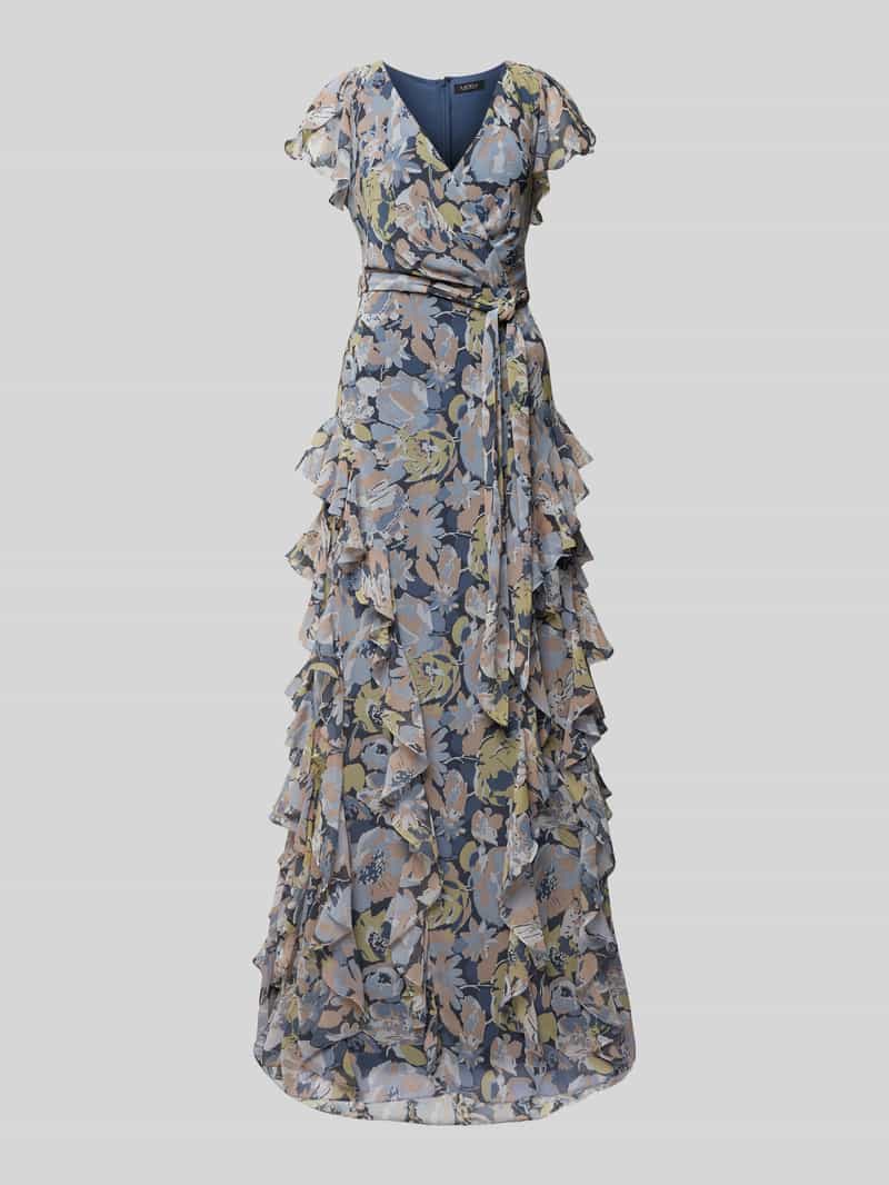 Lauren Ralph Lauren Abendkleid mit Bindegürtel Modell 'KIMBINELL' in Bleu, Größe 42