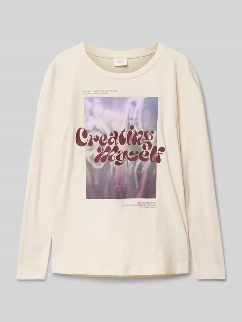 s.Oliver RED LABEL Regular Fit Langarmshirt aus reiner Baumwolle mit Foto-Print in Sand, Größe 134