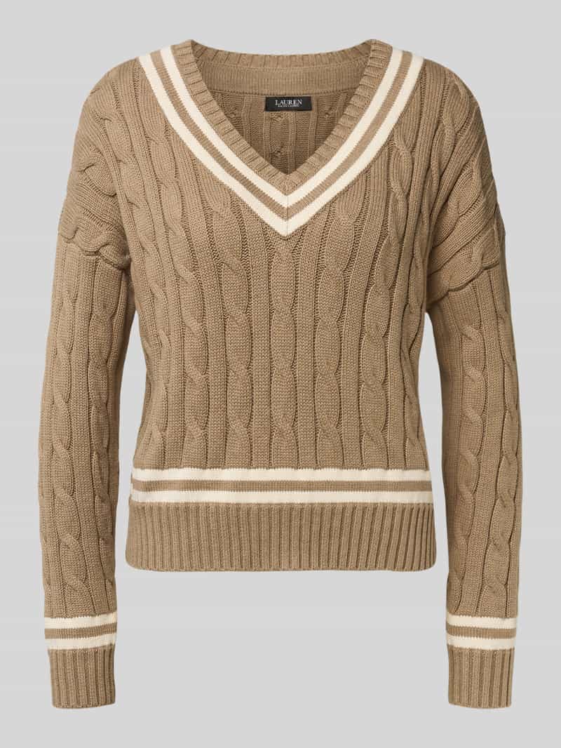 Lauren Ralph Lauren Strickpullover mit Zopfmuster und V-Ausschnitt Modell 'TEDURPH' in Ecru Melange, Größe L