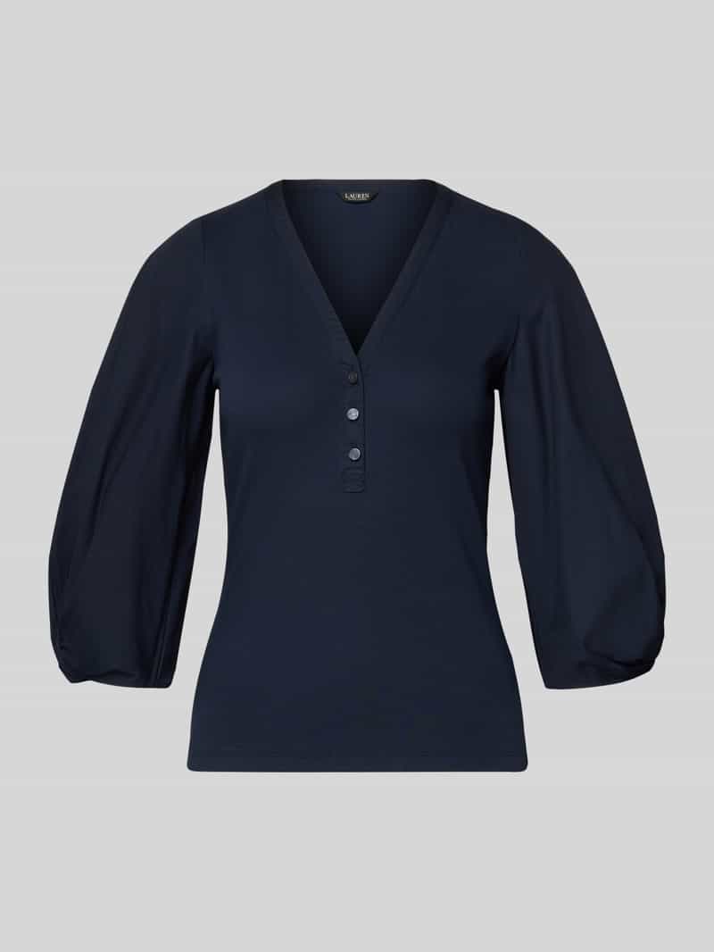 Lauren Ralph Lauren Blusenshirt mit V-Ausschnitt und 3/4-Arm Modell 'CHANTZ' in Marine, Größe L